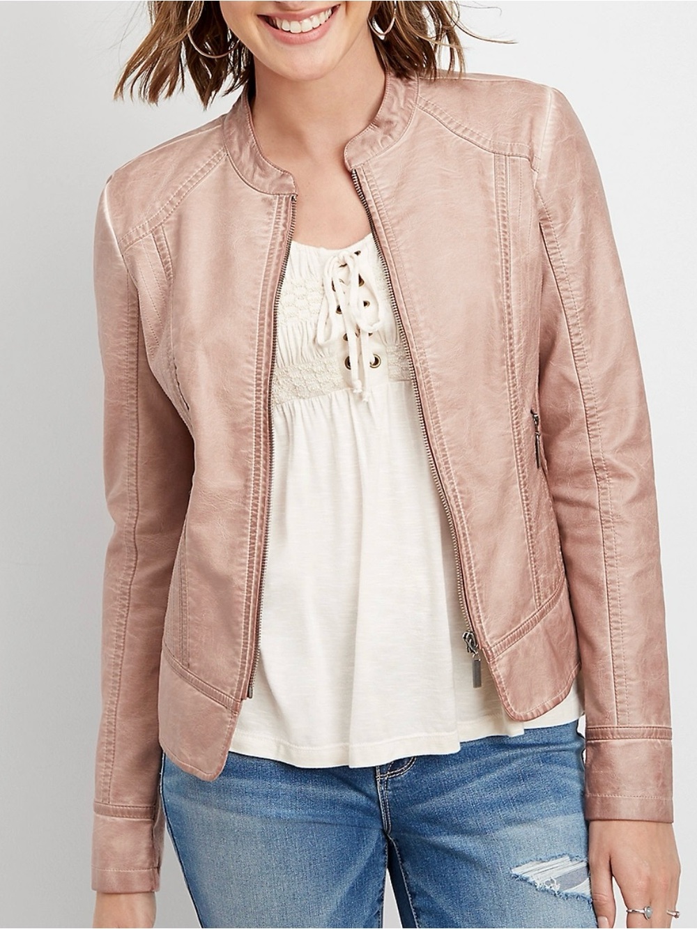 Maurice’s Blush pink faux leather zip up jacket size medium